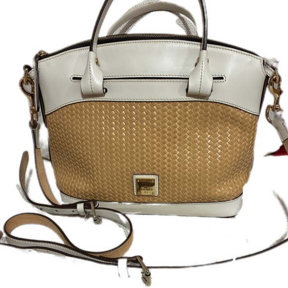 Dooney & Bourke Handbags - Dooney & Bourke EUC- Beacon Woven & Leather Satchel Beacon Tan and cream Handbag